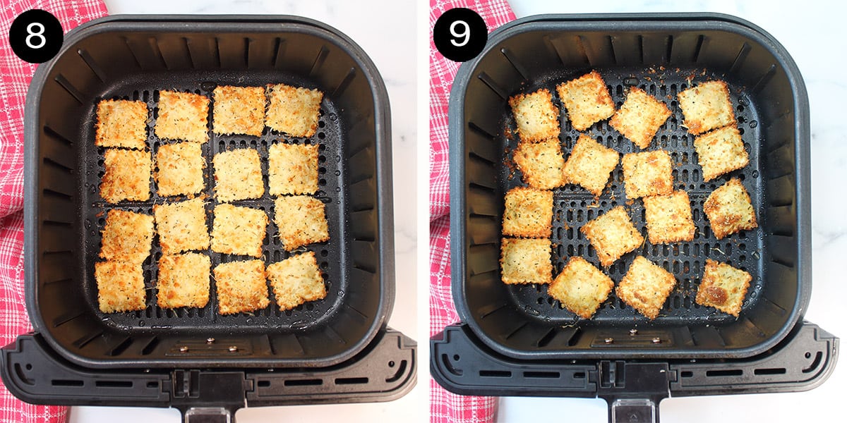 Collage of air frying ravioli steps.