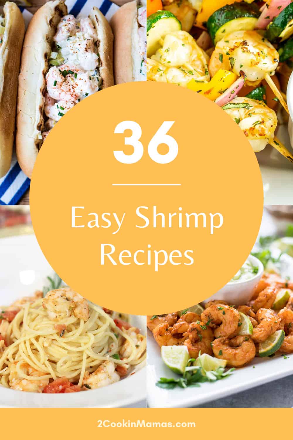 36 recipes for shrimp showing shrimp roll shrimp skewers rattlesnake pasta and fried.