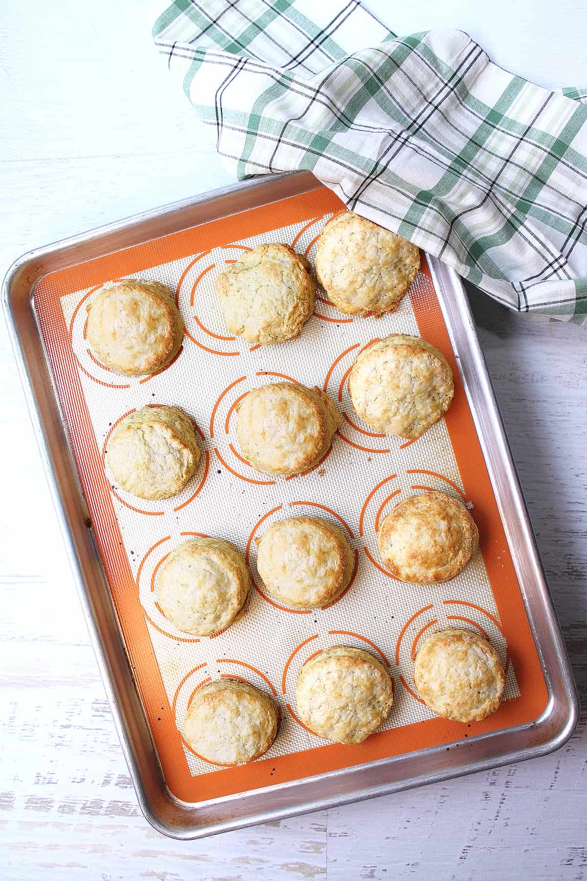 Baked southern buttermilk biscuits on cookie sheet.