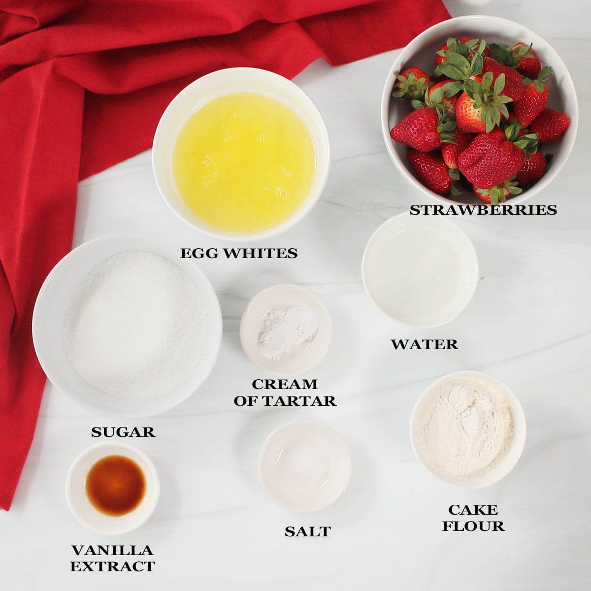 Ingredients for angel food cake and assembling shortcake.