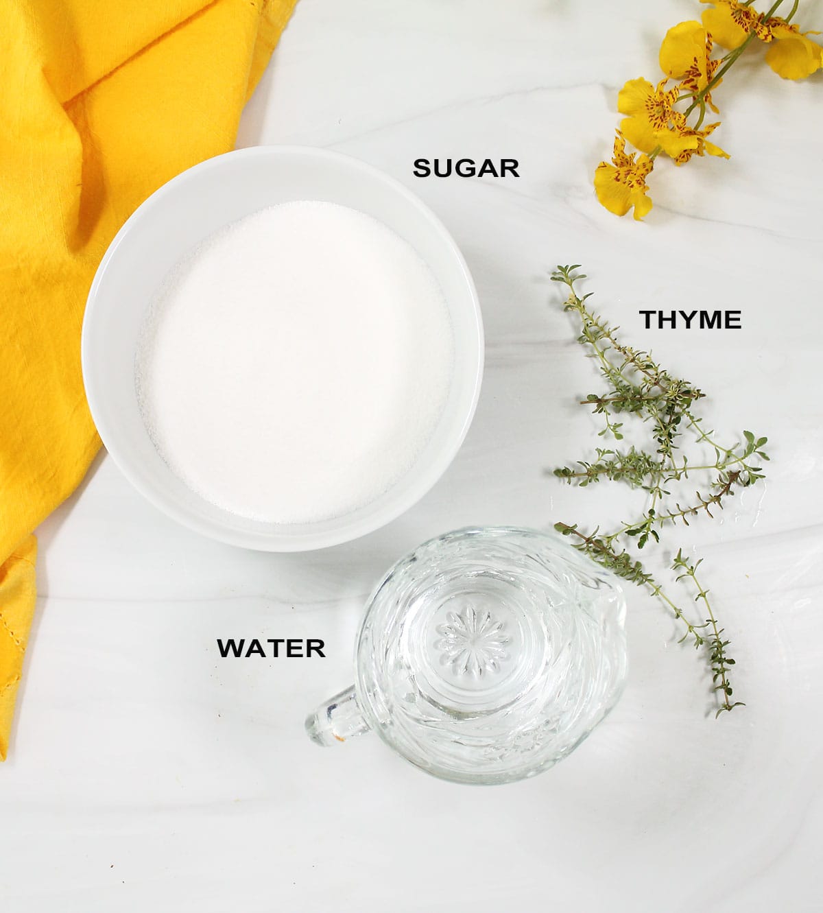 Ingredients for thyme simple syrup.