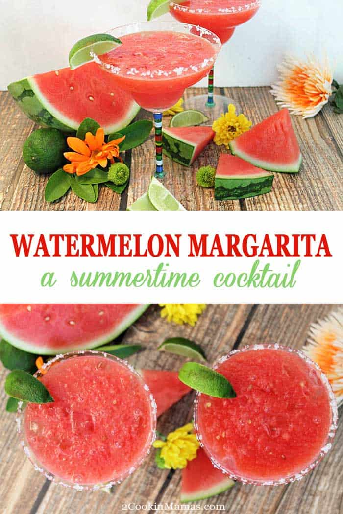 Top picture: 2 frozen margaritas with watermelon slices in front on wooden table. Bottom picture: Overhead of 2 margaritas with salt rim and slice of lime.