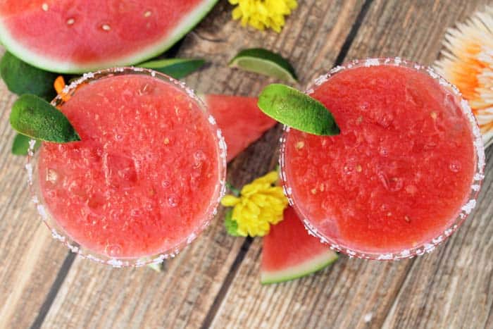 Overhead of Watermelon Margarita showing frozen mixture.