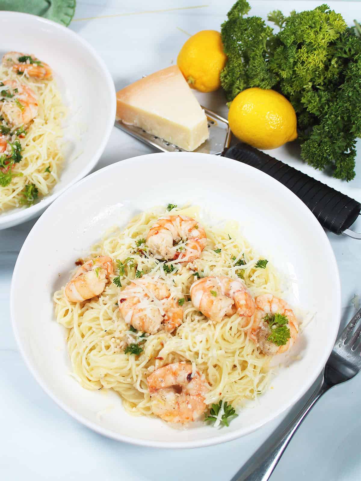 White Wine Shrimp Pasta in serving bowl.