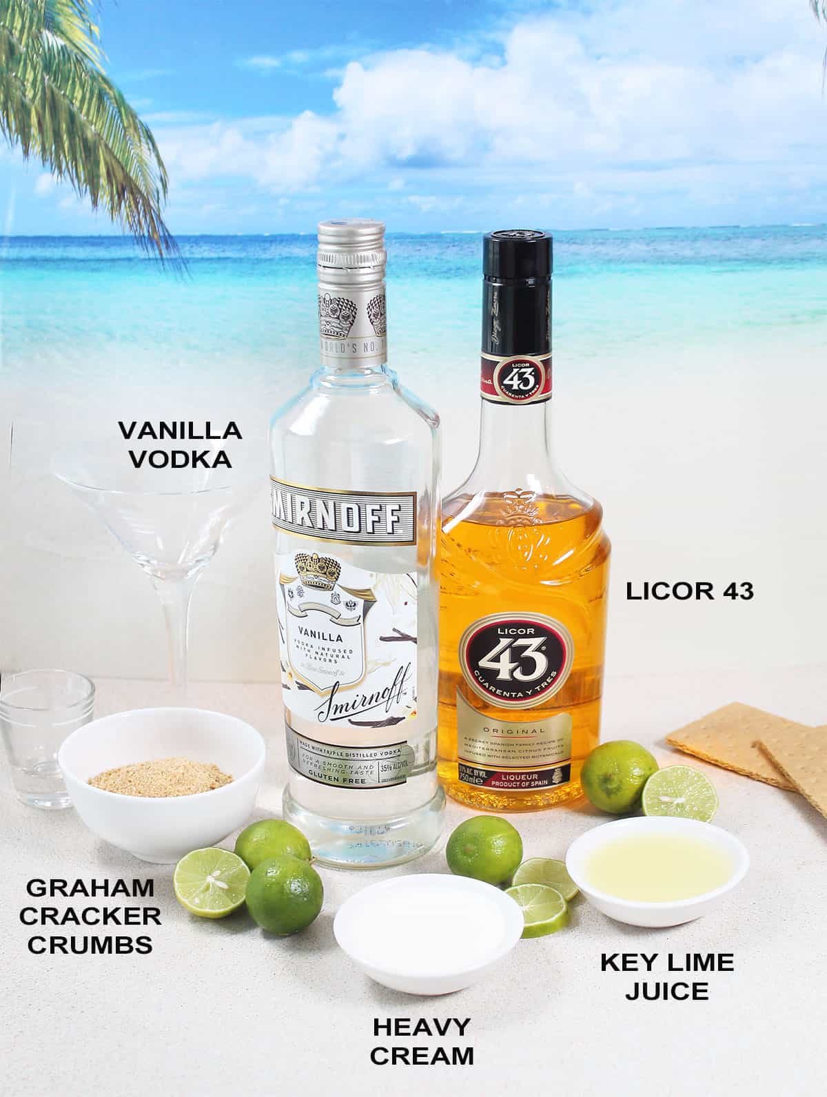 Ingredients for key lime pie martini recipe.