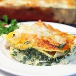 Slice of lasagna on white plate showing spinach and creamy cheese sauce.