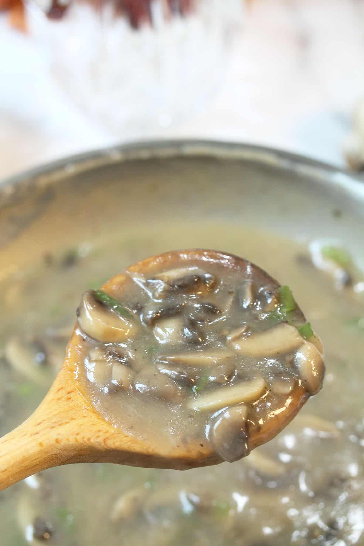 Closeup of mushroom wine sauce on wooden spoon showing thickness.