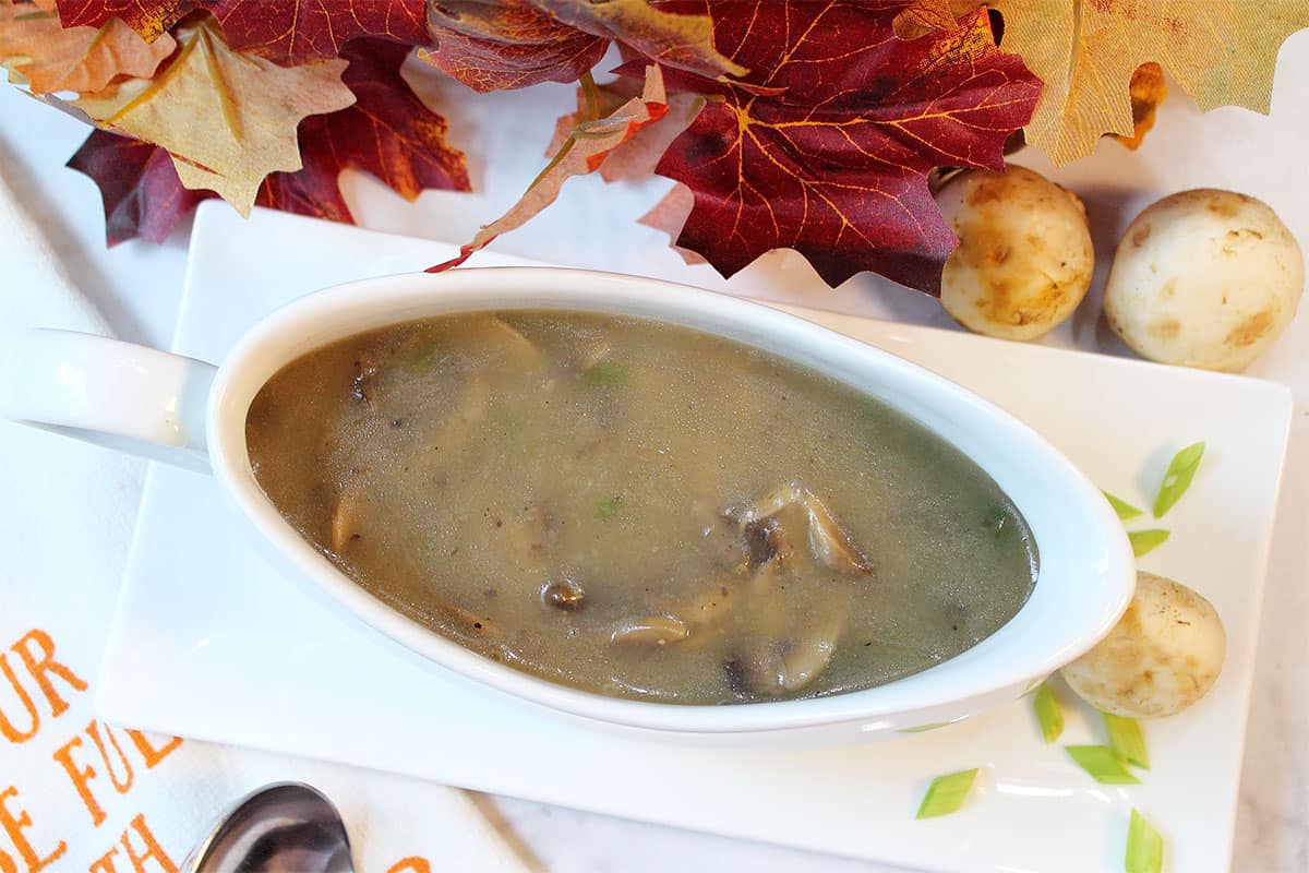 Gravy in gravy boat with fall leaves in back.