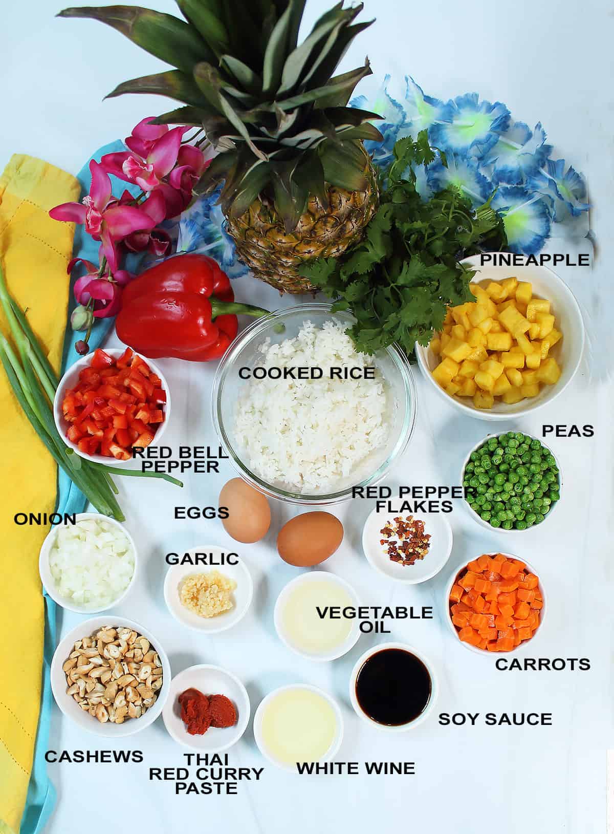 Ingredients for pineapple fried rice recipe.