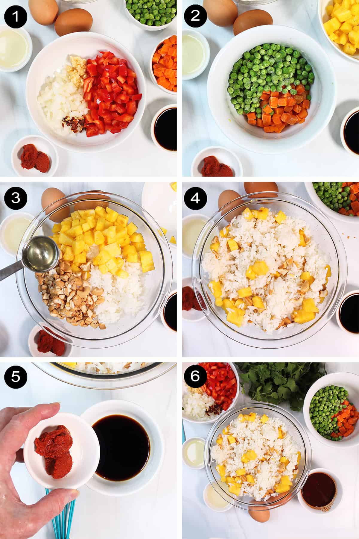 Prep steps for fried rice with pineapple.