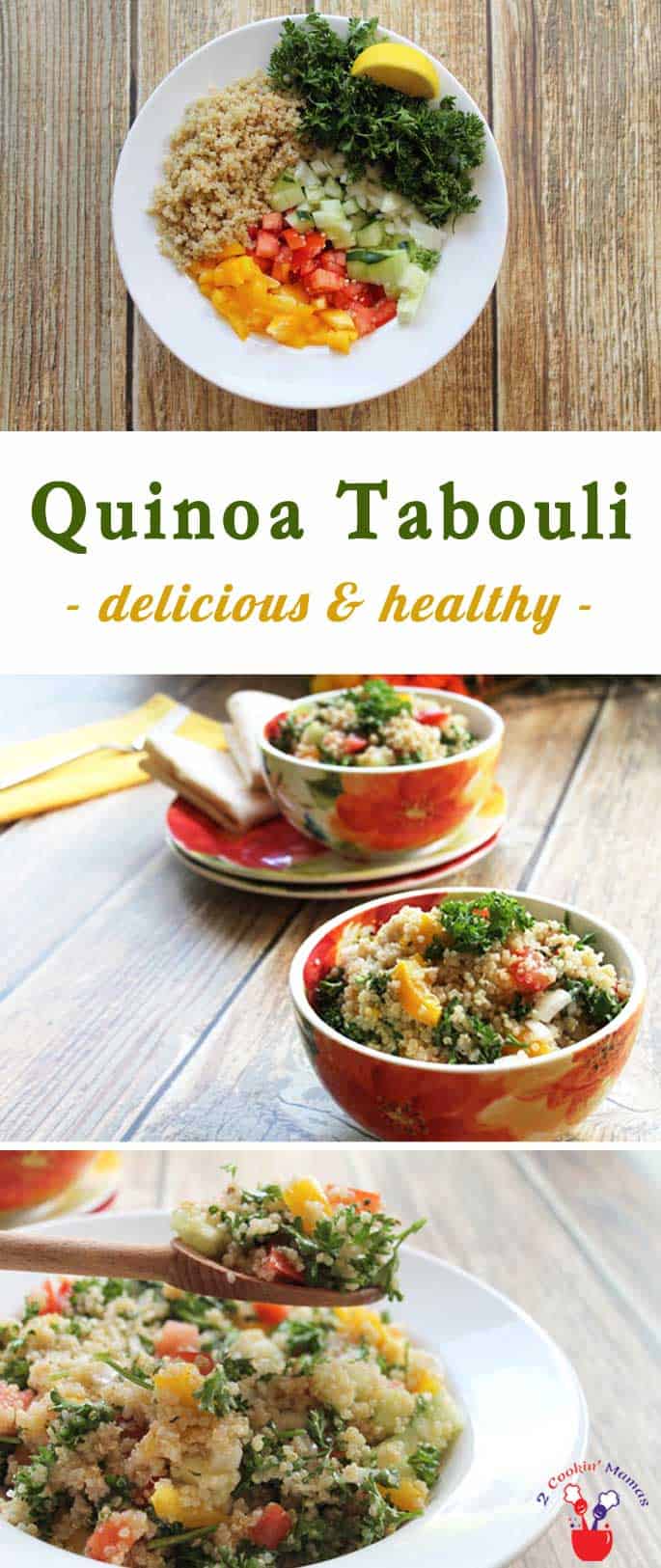 Quinoa Tabouli in spring flower bowls on wooden table with text overlay stating Quinoa Tabouli delicious & healthy.