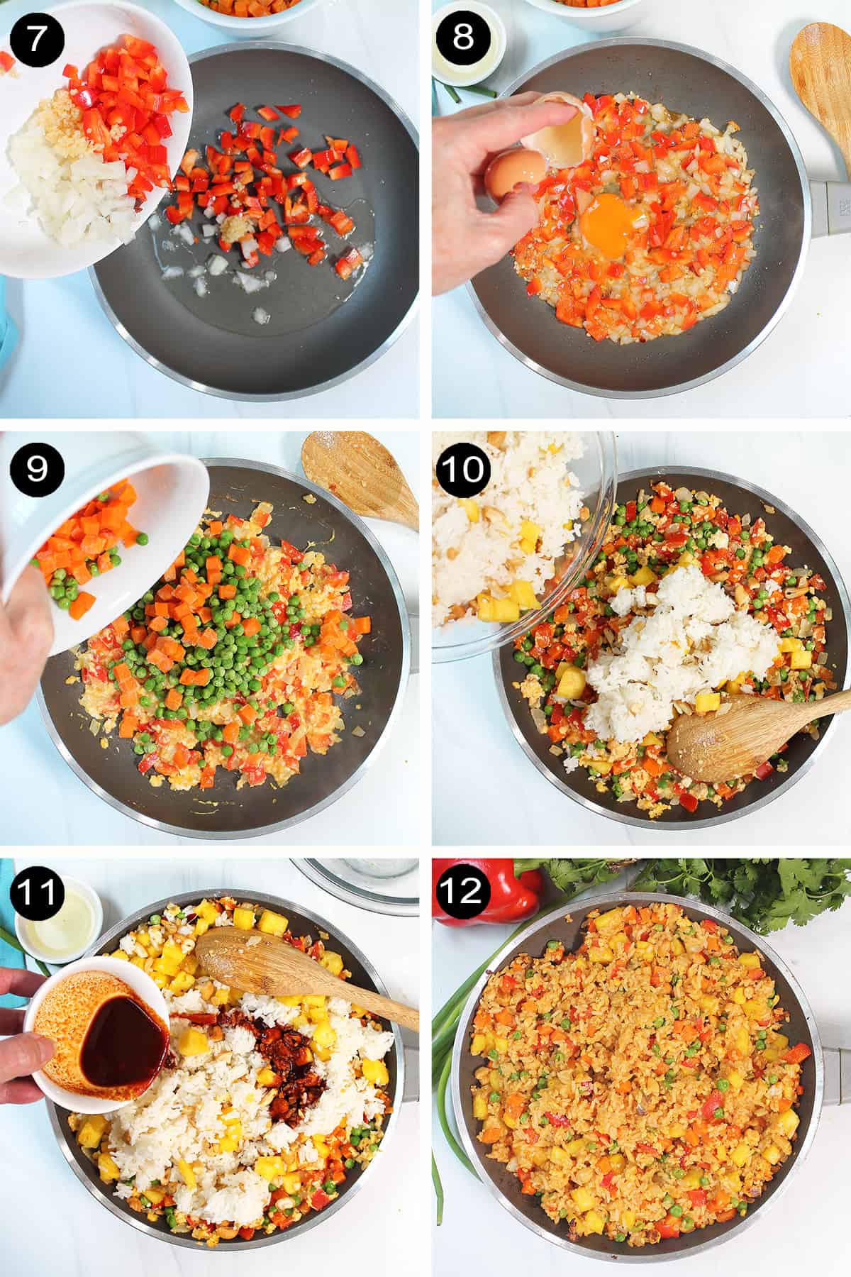 Steps to cook fried rice.