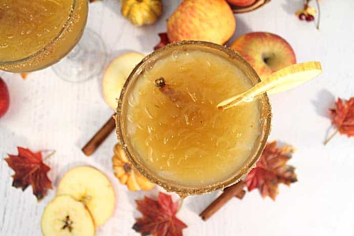 Overhead of single Apple Cider Margarita with apple slices, cinnamon sticks and fall leaves around it.