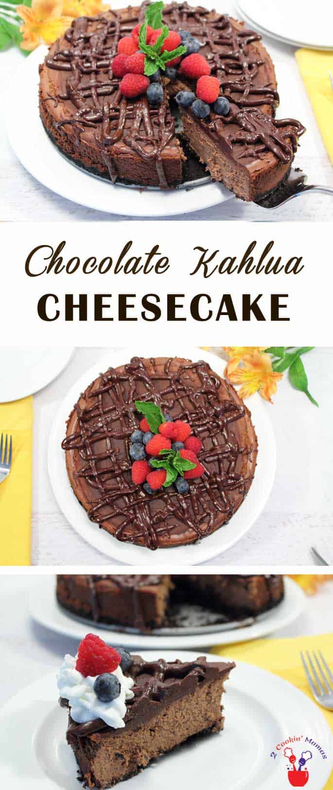 Dark Chocolate Kahlua Cheesecake is every chocolate lovers dream. Rich & creamy chocolate cheesecake flavored with kahlua then drizzled with dark chocolate. #cheesecake #darkchocolate #kahlua #dessert