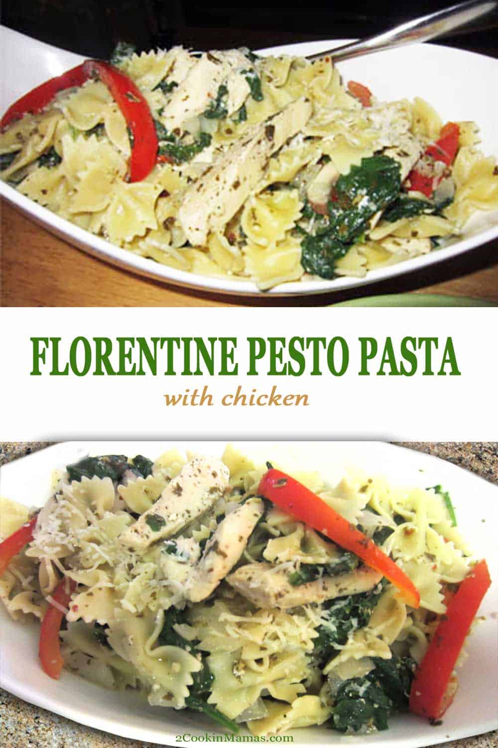 Chicken Florentine Pesto Pasta is an easy way to dress up a pasta dinner. All you need is basil pesto, your favorite pasta and some fresh vegetables. Add some chicken or not for a delicious pasta dinner in the time it takes to cook the pasta. With a few small changes this can be a delicious vegetarian meal or a gluten-free dinner. #pasta #pesto #chicken #dinner #easy #recipe #vegetarian #glutenfree