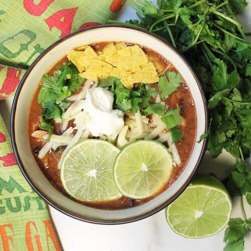 Overhead garnished black bean soup bowl.