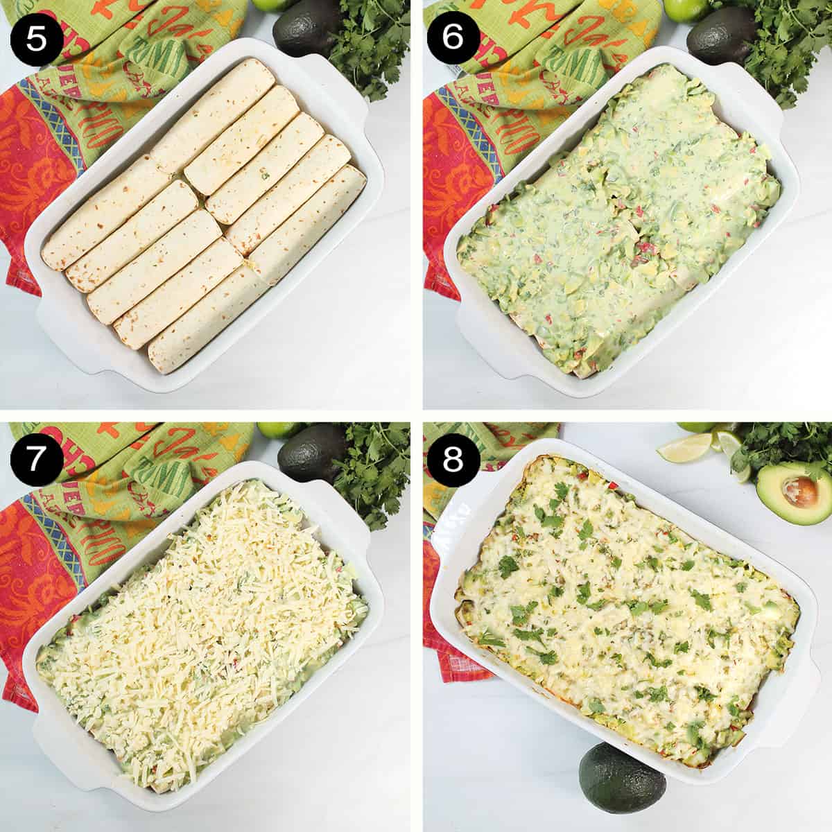 Steps to fill and bake chicken enchiladas with avocado.