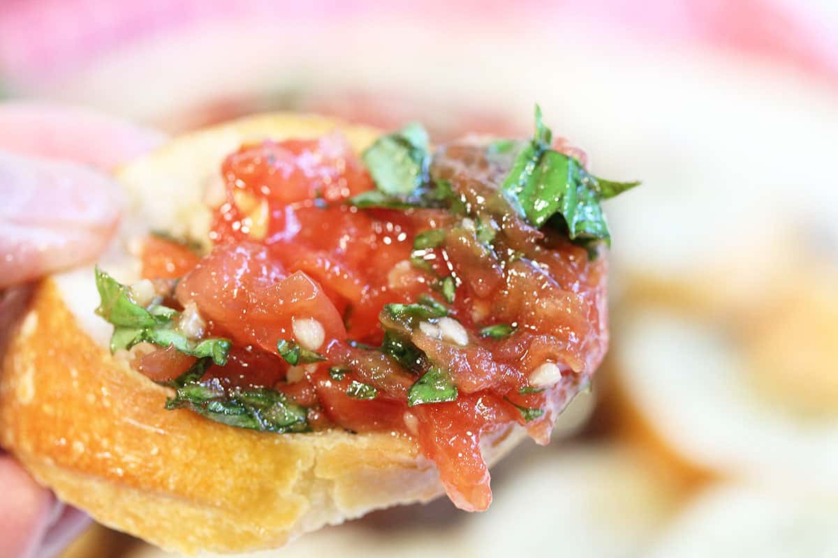 Tomato bruschetta on bread crisp closeup.