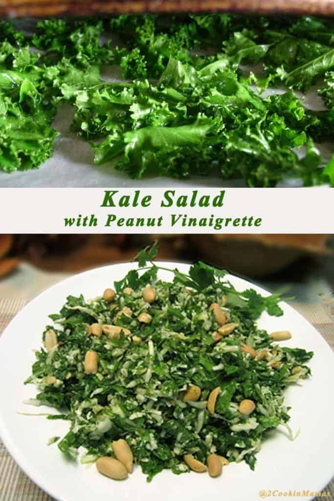 Top photo of kale, bottom of kale salad in white bowl.