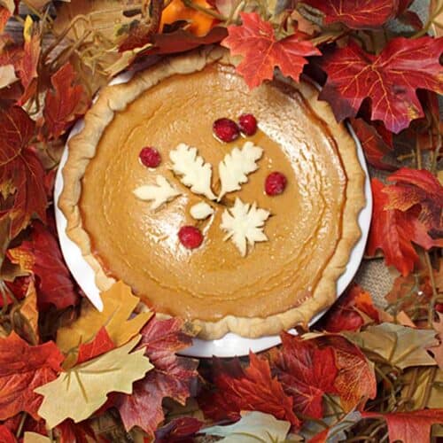 Overhead of decorated pumpkin pie surrounded by fall leaves.