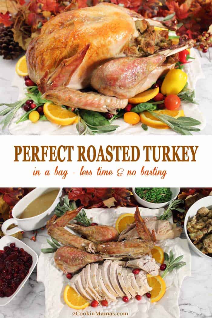 Top photo of roasted turkey on white platter. Bottom photo of sliced turkey on serving platter. Text overlay stating Roasted Thanksgiving Turkey.