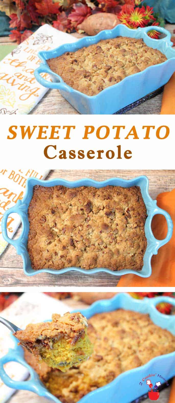 Sweet Potato Casserole is the most popular dish at Thanksgiving! Creamy, cinnamony, sweet & topped with plenty of crunchy crumbs, it's like having dessert for dinner. #sweetpotatoes #casserole #sidedish #Thanksgivingside