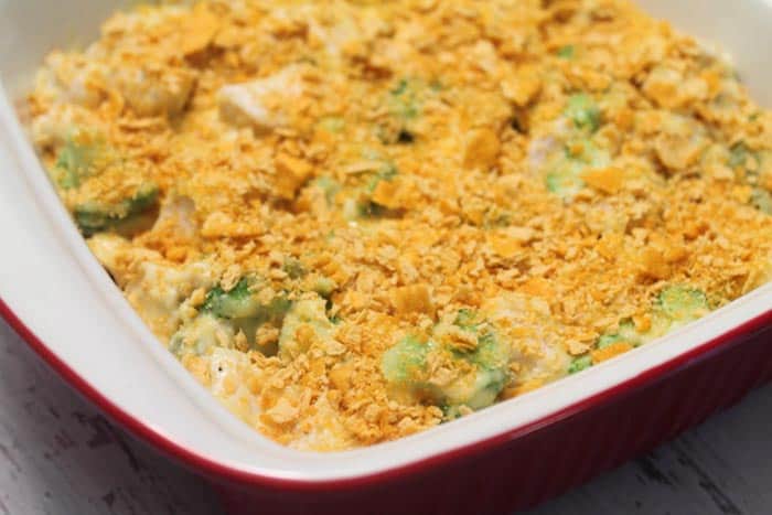 Closeup of chicken broccoli casserole before baking.