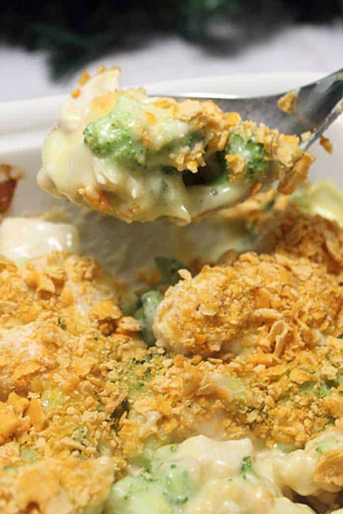 Closeup of spoonful of Chicken Broccoli Pasta Casserole.