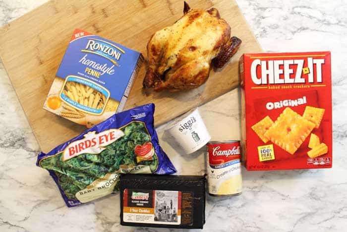 Ingredients laid out for Chicken Broccoli Casserole.