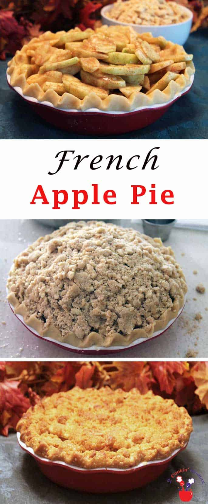 Our French Apple Pie has an easy-to-make flaky crust that we packed with cinnamon-flavored apples & covered with loads of crumbs. Yum! #applepie #dessert #pie #apples #crumbtopping #baking
