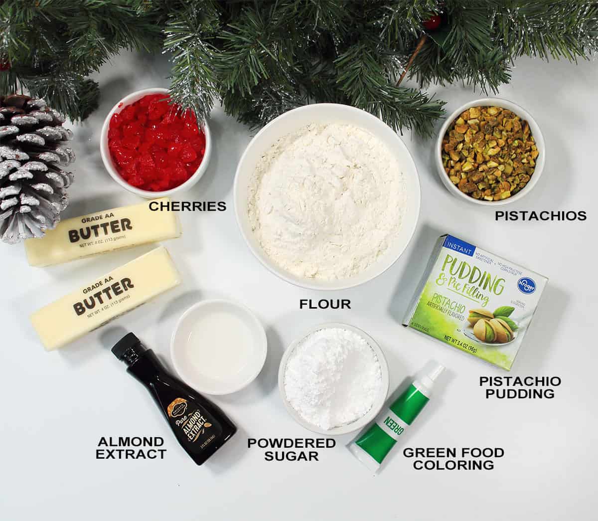 Ingredients for pistachio pudding cookies.