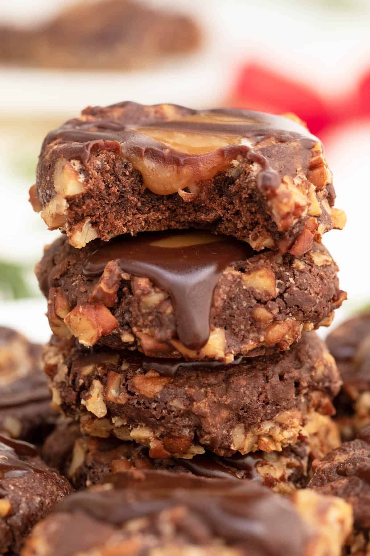 Stack of turtle cookies with bite taken out of top one.