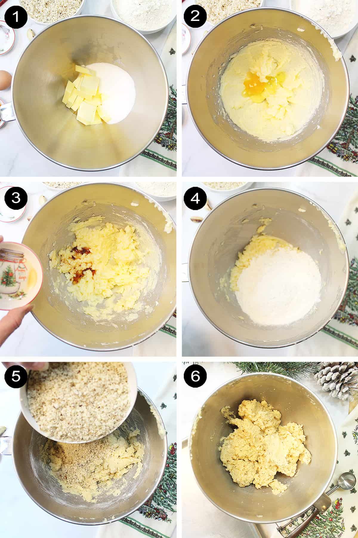Collage of steps to make snowball cookies.