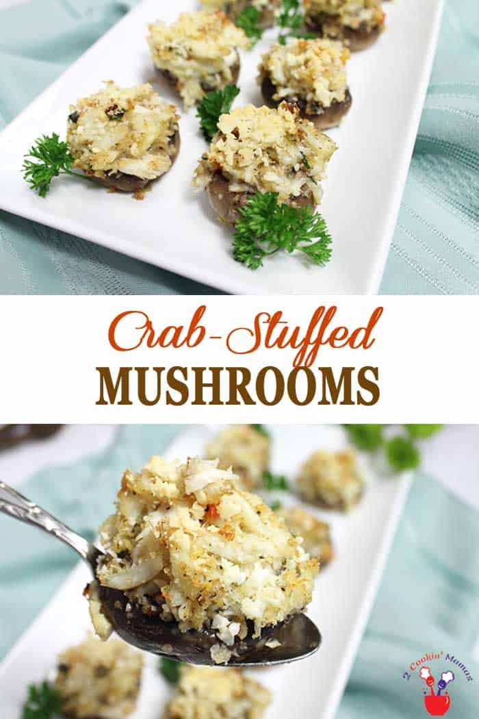 Top photo shows mushrooms on serving plate, bottom photo has cooked mushroom on serving spoon. Text overlay states Crab Stuffed Mushrooms.