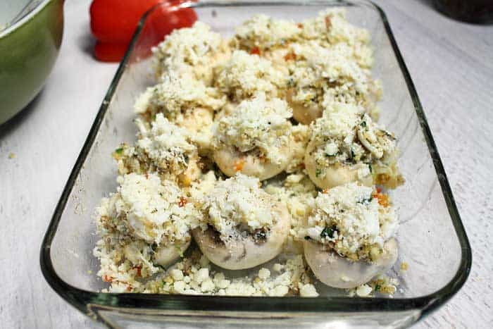 Crab Stuffed Mushrooms in casserole ready to bake.