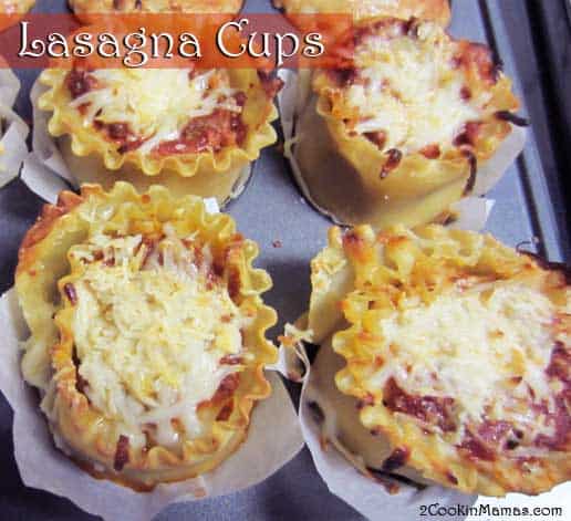 Lasagna Cups in muffin pans with text overlay with name.