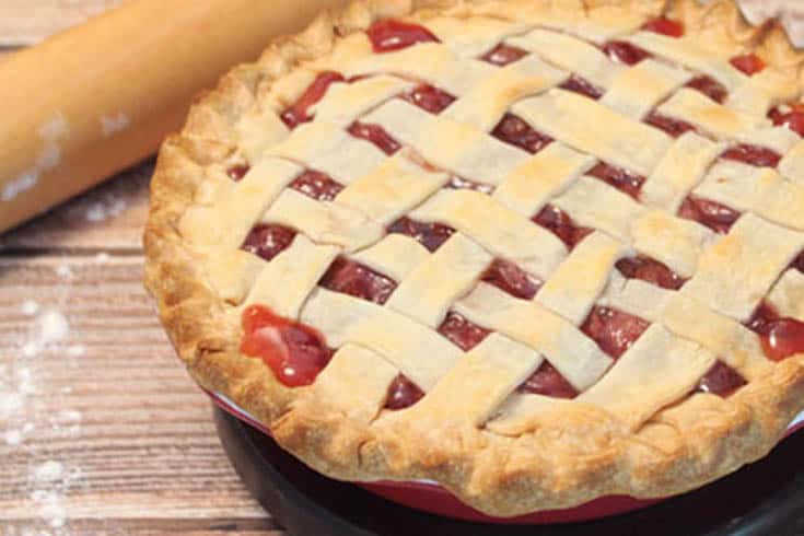 Closeup of Cherry Pie showing browned lattice work crust.