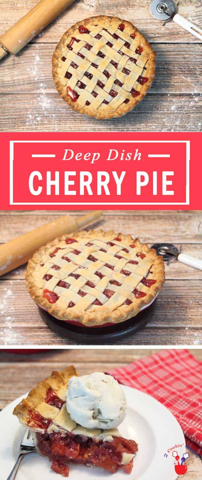 There’s never been a deep dish cherry pie this good! Fresh cherries with just the right amount of sweetness are nestled in a flaky buttery pie crust. Yum! #cherrypie #pie #cherries #dessert #flakycrust