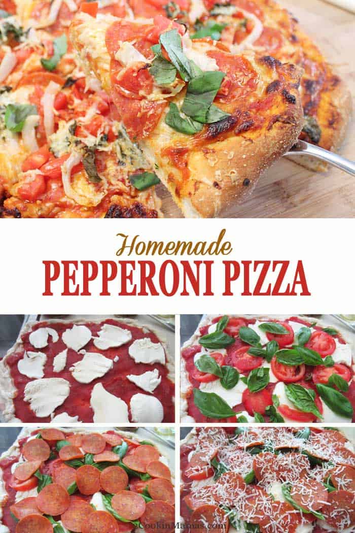 Homemade Pepperoni Pizza | 2 Cookin Mamas Make your own homemade pepperoni pizza tonight! It's 100 times better than store bought and easy too! Start with store-bought pizza dough, add your sauce and favorite toppings and voila - you've got pizza your way! And you've never tasted anything better than when it's hot out of the oven!  #pizza #pepperoni #homemade #recipe