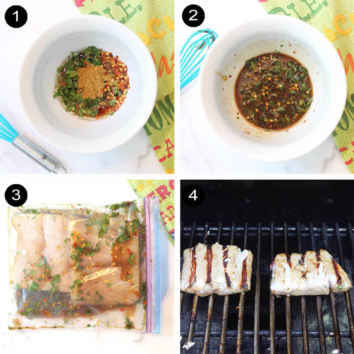 Prep marinade, pour over fish, grill.