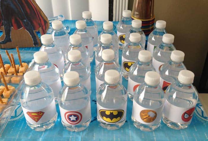 Superhero Birthday Party water bottles labeled | 2 Cookin Mamas
