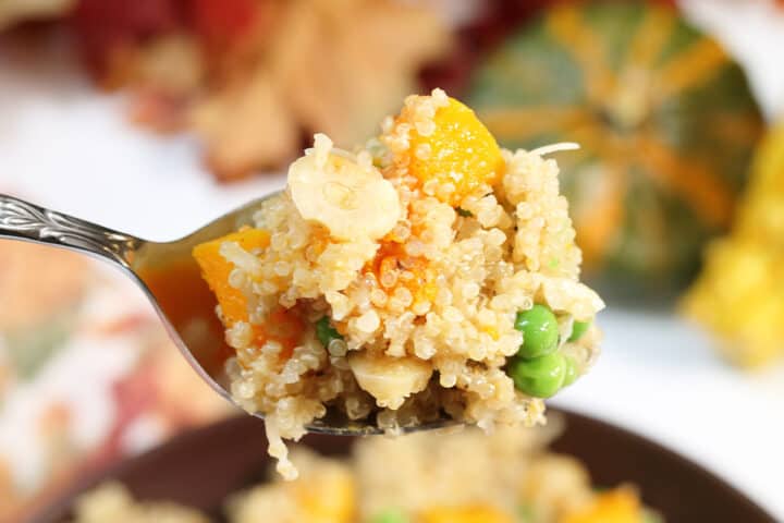 Closeup of serving spoon full of quinoa vegetable pilaf.
