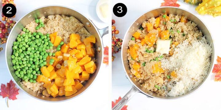 Collage of steps to assemble butternut squash and quinoa pilaf.