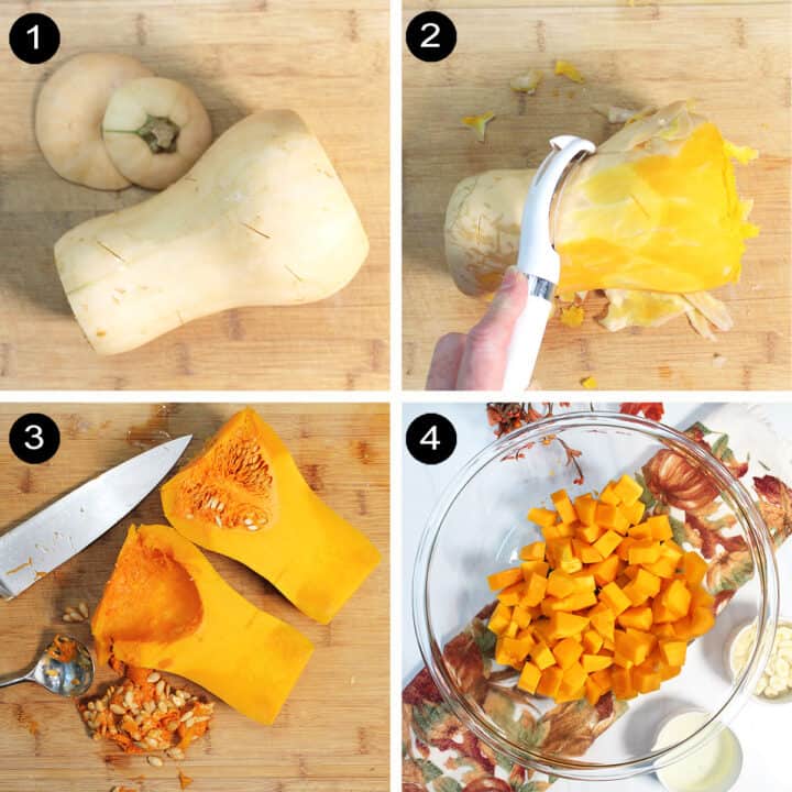 Collage of steps preparing butternut squash for roasting.