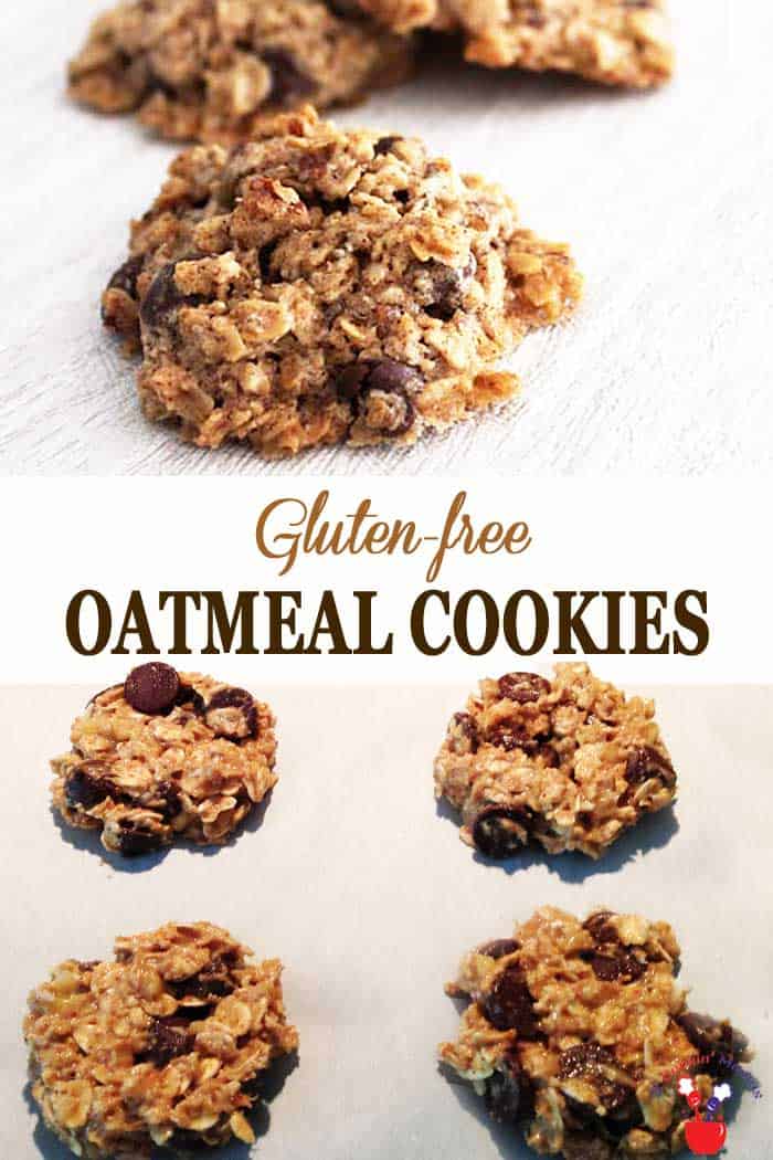 These Gluten-free Oatmeal Cookies are super delicious. They’re crisp on the outside, chewy on the inside and have an extra dose of healthy with the addition of chia seeds. Oh, and a decadent touch of dark chocolate chips, ‘cause, why not! #glutenfreecookies #healthycookies #oatmealcookies #chiaseeds #chocolatechips #cookies