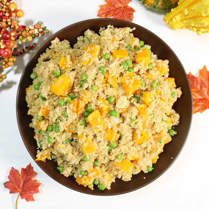 Overhead of butternut squash with quinoa in brown bowl with fall leaves.