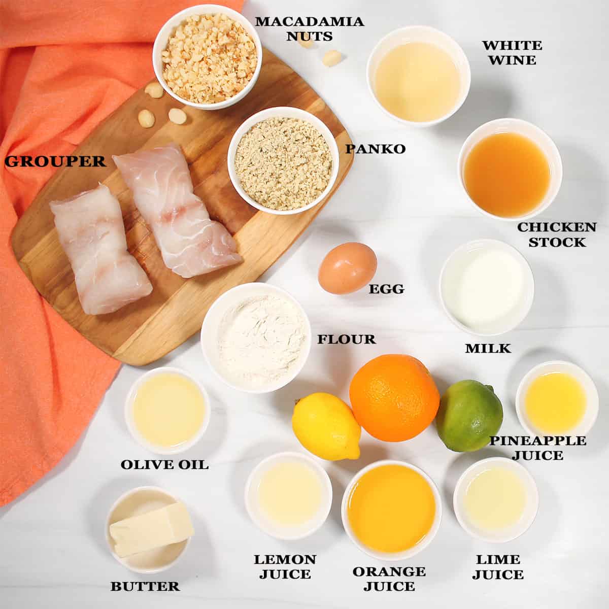 Ingredients for macadamia nut crusted fish.