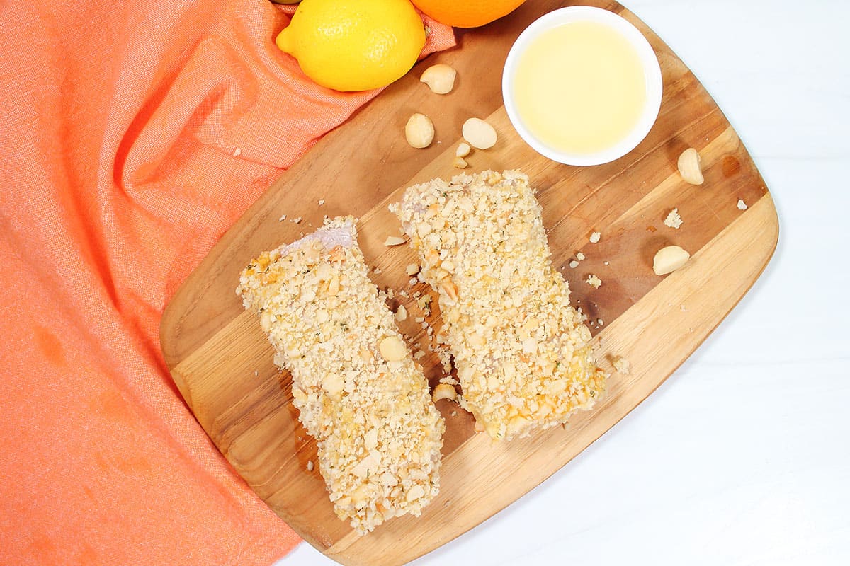Nut crusted grouper ready to cook.