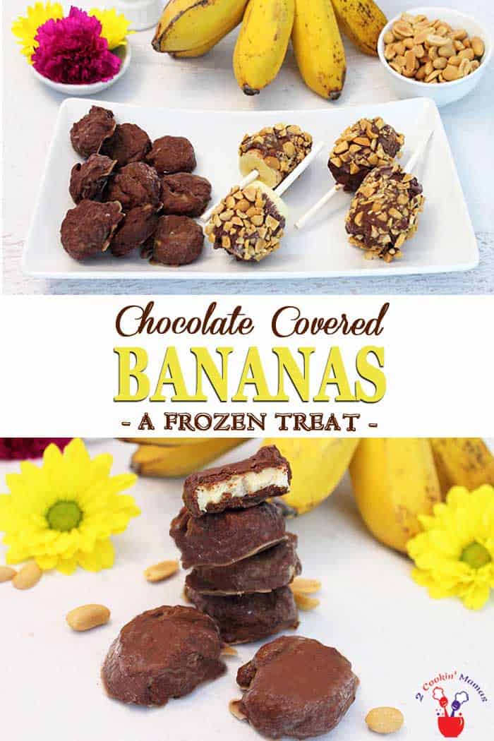 Chocolate Covered Bananas | 2 Cookin Mamas Chocolate covered bananas are a healthy & delicious treat and so easy to make. Slice them, coat them with chocolate & roll in your favorite toppings. Freeze them & pop them in your mouth for a quick on-the-go snack. #snack #chocolate #bananas #healthysnack