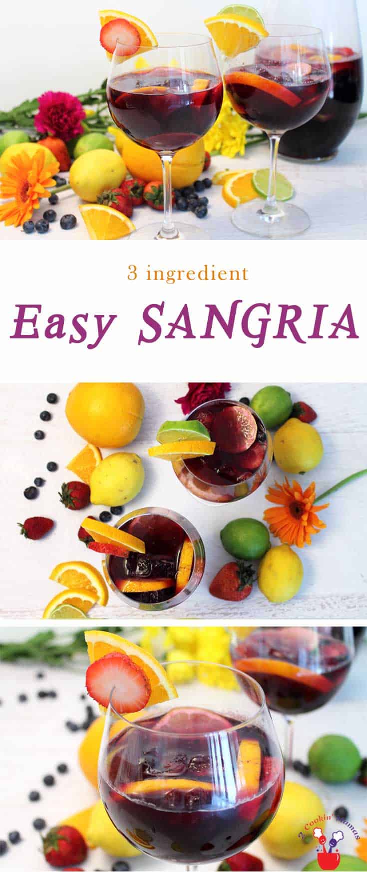 Our easy sangria has just 3 ingredients. An inexpensive wine, Sprite & sliced fruit are all that's needed to make this favorite summer cocktail. #sangria #redwinesangria #summercocktail #redwine